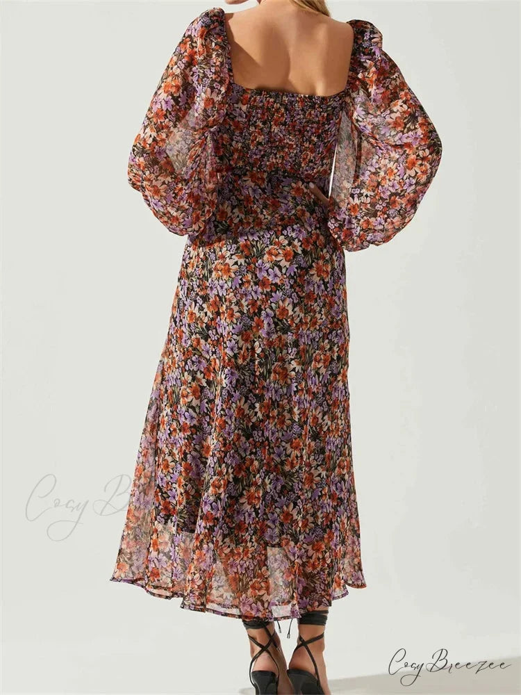 Women Spring Fall Vintage Floral Print V-neck Puff Sleeve Fashion Backless Holiday Vestido