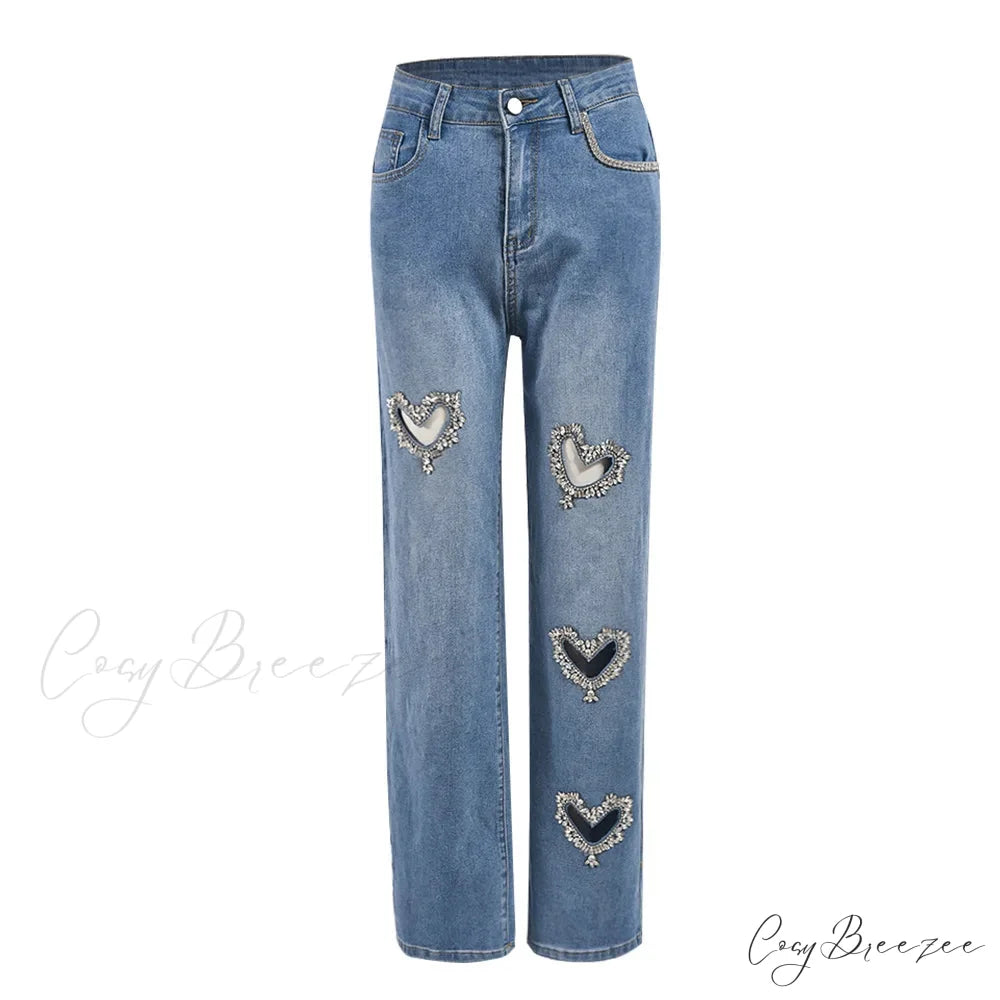 Women Straight Heart Diamond Hollow Out Pockets Vintage Denim Casual Y2K Harajuku Fashion 2024 Jeans