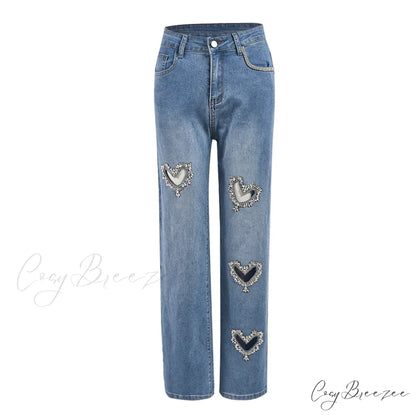 Women Straight Heart Diamond Hollow Out Pockets Vintage Denim Casual Y2K Harajuku Fashion 2024 Jeans