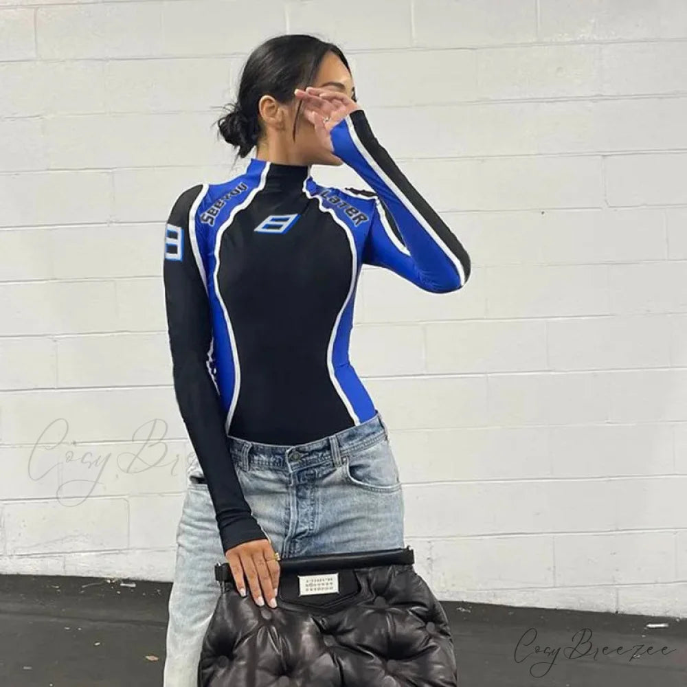 Women Streetwear Contrast-color Print Skinny Moto Rompers Knit Top knittop-250126