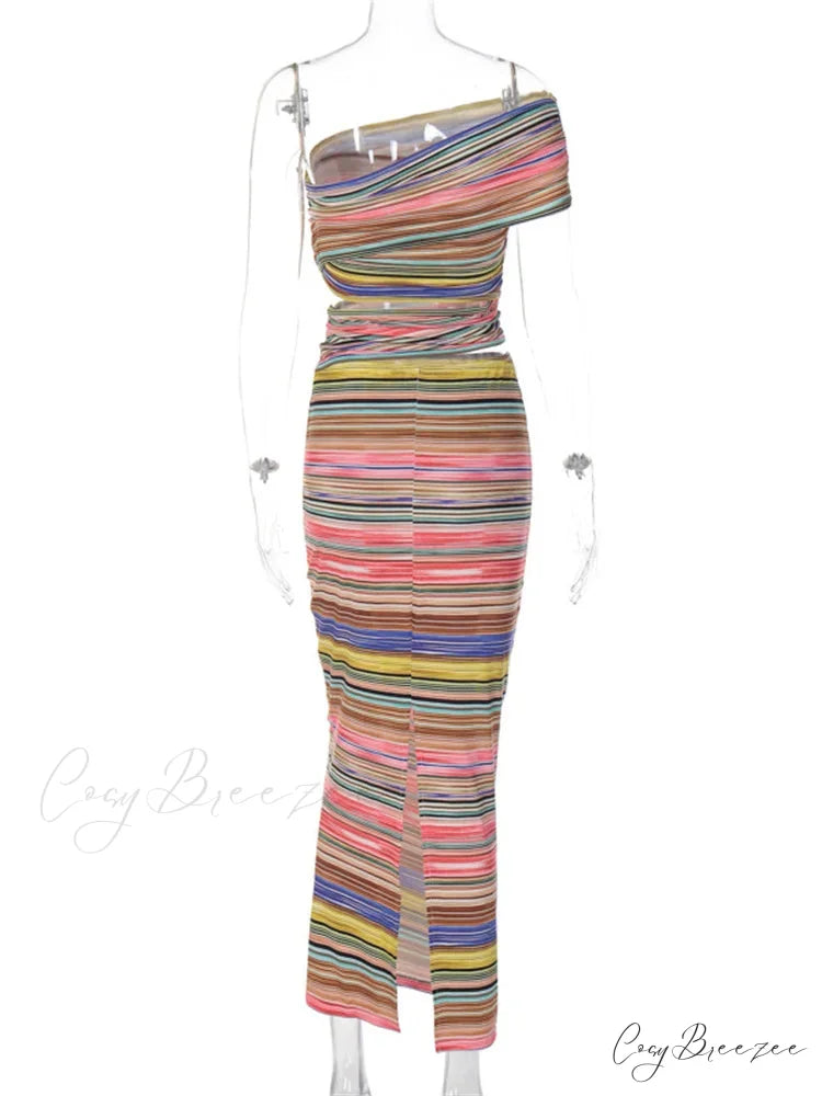 Women Striped Bodycon Summer Irregular Cutout One Shoulder Sleeveless Beach Party for Club Streetwear New