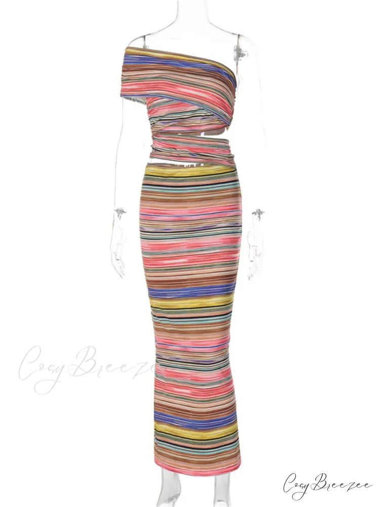 Women Striped Bodycon Summer Irregular Cutout One Shoulder Sleeveless Beach Party for Club Streetwear New