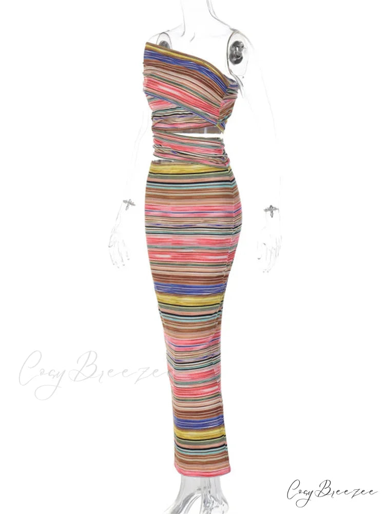 Women Striped Bodycon Summer Irregular Cutout One Shoulder Sleeveless Beach Party for Club Streetwear New