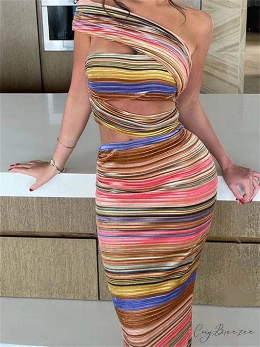 Women Striped Bodycon Summer Irregular Cutout One Shoulder Sleeveless Beach Party for Club Streetwear New PINK / S