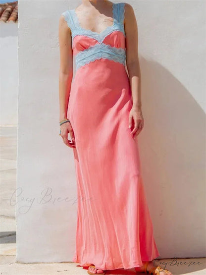 Women Summer Beach Lace Patchwork Sleeveless Tank Backless Sexy Ladies V-neck Female Vestidos ORANGE / S