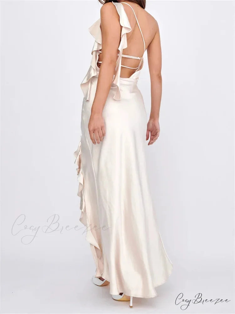Women Summer Evening Sleeveless Strap Backless Off Shoulder High Split Ruffles Party Female Vestidos