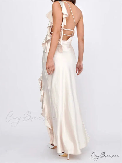 Women Summer Evening Sleeveless Strap Backless Off Shoulder High Split Ruffles Party Female Vestidos