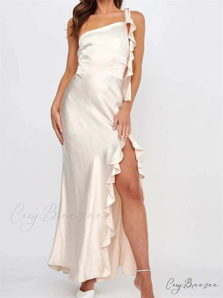 Women Summer Evening Sleeveless Strap Backless Off Shoulder High Split Ruffles Party Female Vestidos WHITE / S