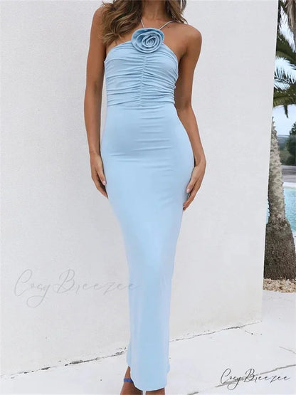 Women Summer Halter Beach Solid 3D Flower Ruched Backless Sleeveless Off Shoulder Female Vestidos Blue / S
