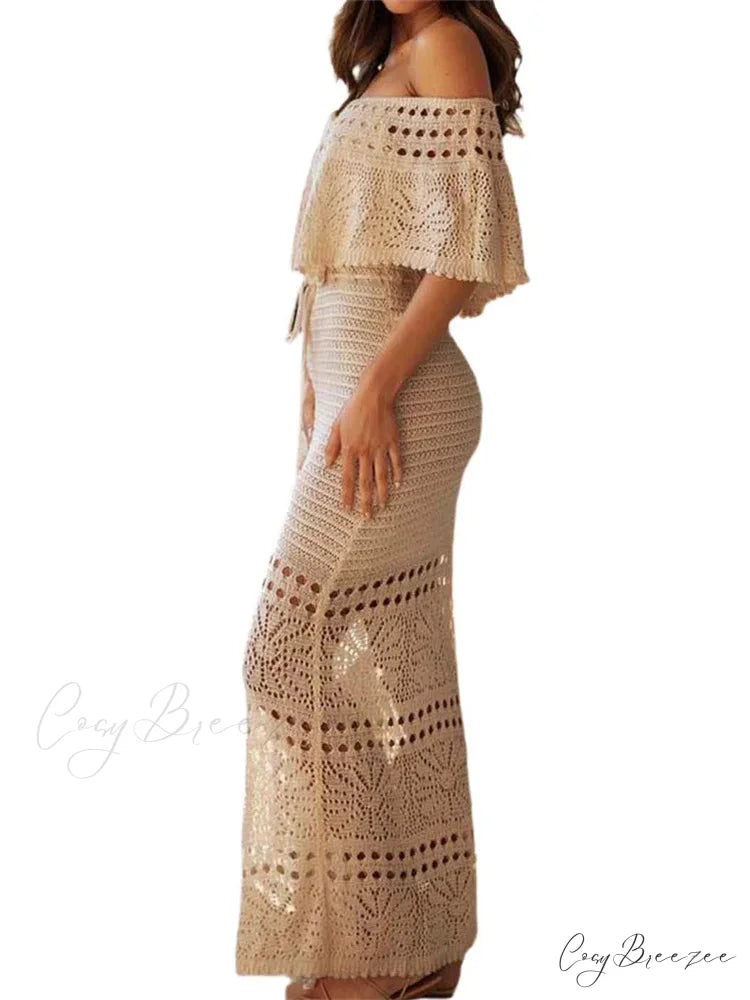 Women Summer Knitted Short Sleeve Off Shoulder Hollow Out Tie Up Streetwear Female Vestidos New
