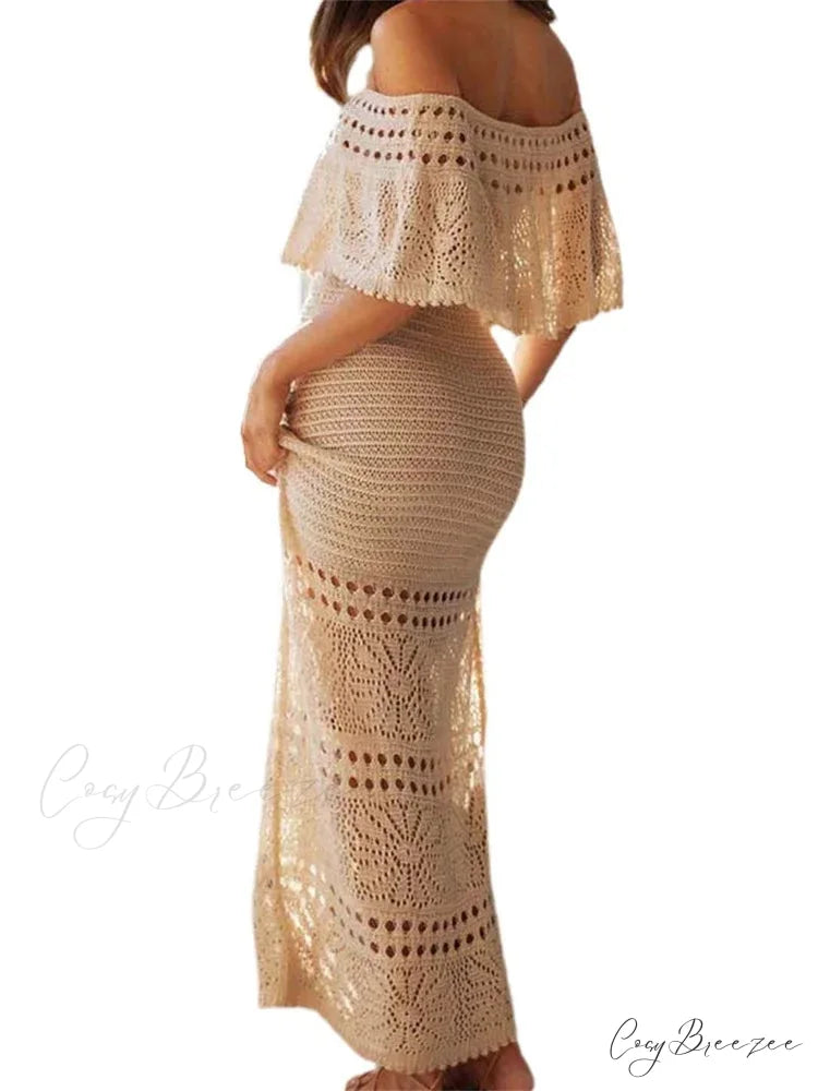 Women Summer Knitted Short Sleeve Off Shoulder Hollow Out Tie Up Streetwear Female Vestidos New