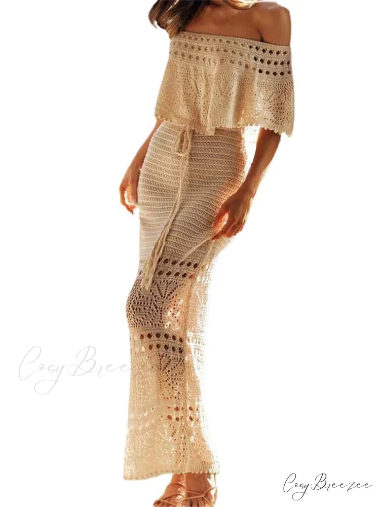 Women Summer Knitted Short Sleeve Off Shoulder Hollow Out Tie Up Streetwear Female Vestidos New