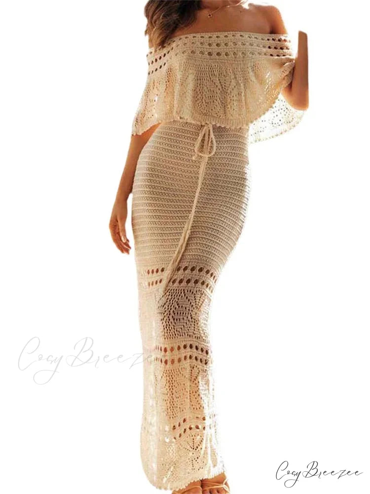 Women Summer Knitted Short Sleeve Off Shoulder Hollow Out Tie Up Streetwear Female Vestidos New