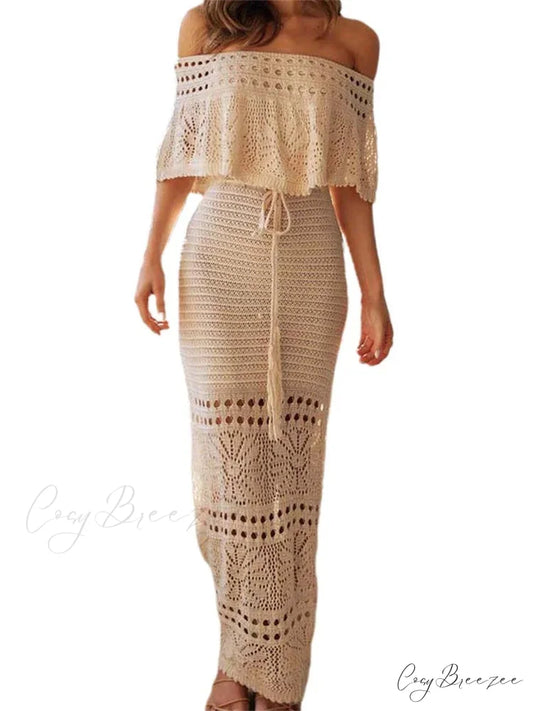 Women Summer Knitted Short Sleeve Off Shoulder Hollow Out Tie Up Streetwear Female Vestidos New BEIGE / S