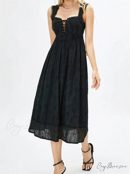 Women Summer Lace Floral Backless Tie-up Sleeveless Spaghetti Strap Hollow Out Party Female Vestidos