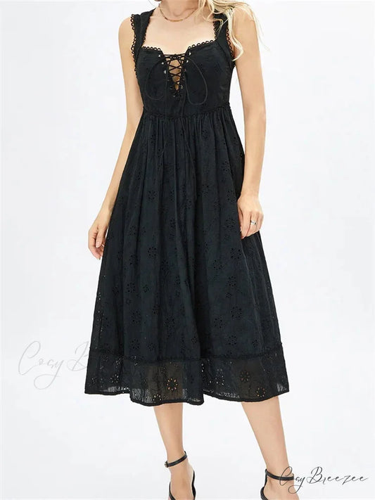 Women Summer Lace Floral Backless Tie-up Sleeveless Spaghetti Strap Hollow Out Party Female Vestidos Black / S