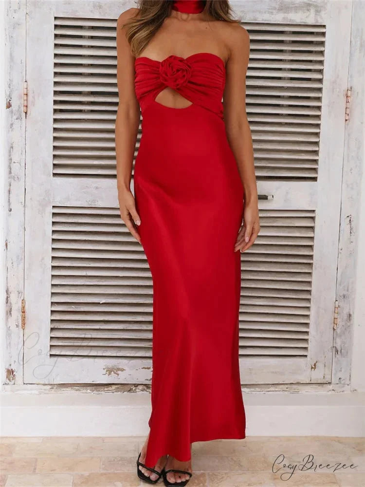 Women Summer Satin Tube Solid Color Strapless Off Shoulder Slim 3D Flower Vestidos with Scarf RED / S