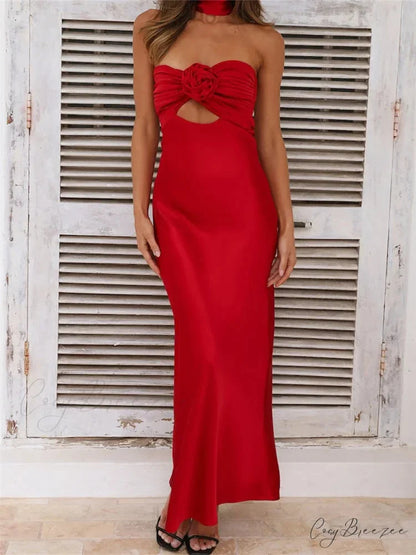 Women Summer Satin Tube Solid Color Strapless Off Shoulder Slim 3D Flower Vestidos with Scarf RED / S
