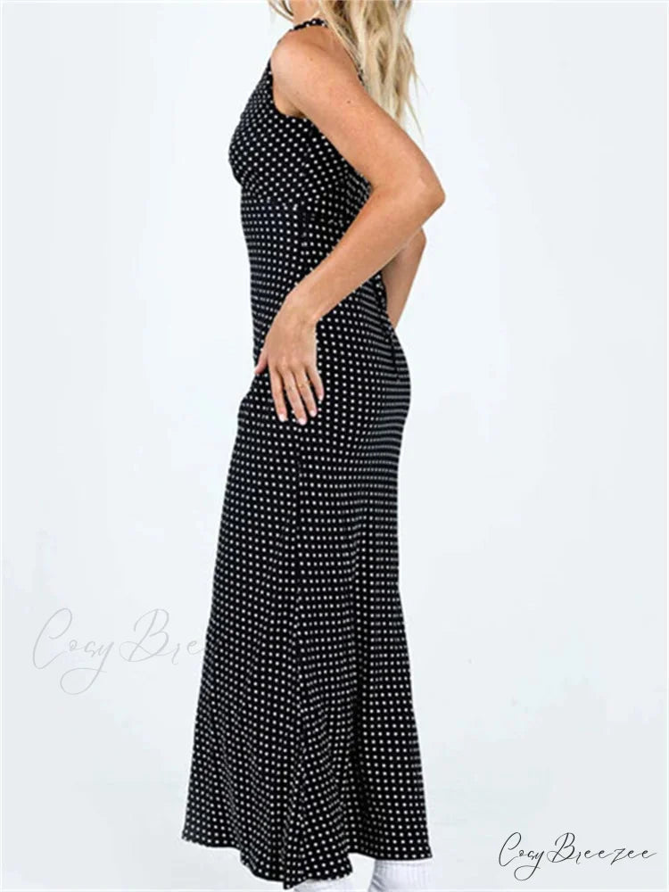 Women Summer Slim Tank Dot Print Sleeveless Deep V-Neck Bodycon Ankle Length Female Vestidos