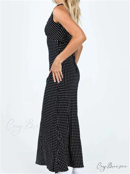 Women Summer Slim Tank Dot Print Sleeveless Deep V-Neck Bodycon Ankle Length Female Vestidos