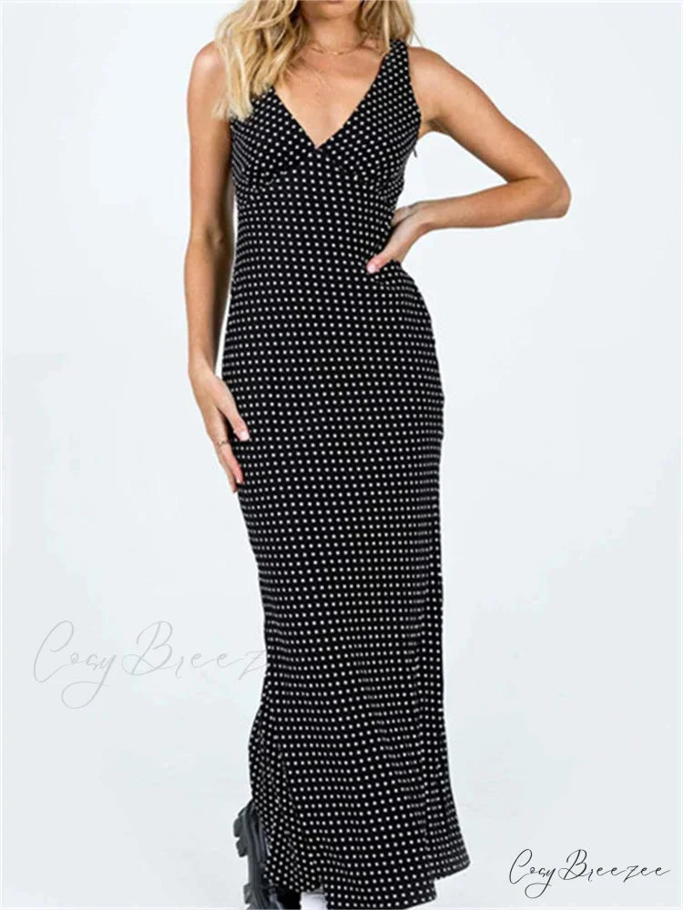 Women Summer Slim Tank Dot Print Sleeveless Deep V-Neck Bodycon Ankle Length Female Vestidos
