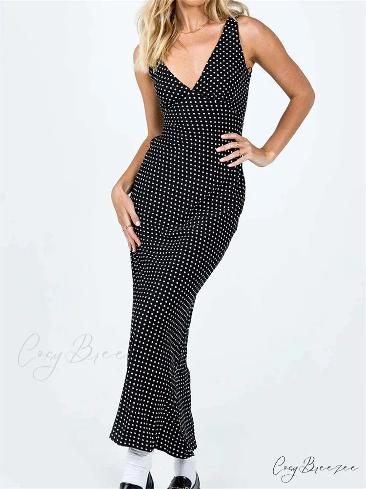Women Summer Slim Tank Dot Print Sleeveless Deep V-Neck Bodycon Ankle Length Female Vestidos