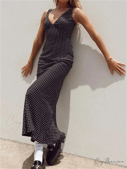 Women Summer Slim Tank Dot Print Sleeveless Deep V-Neck Bodycon Ankle Length Female Vestidos Black / S