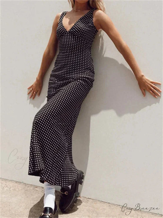 Women Summer Slim Tank Dot Print Sleeveless Deep V-Neck Bodycon Ankle Length Female Vestidos Black / S