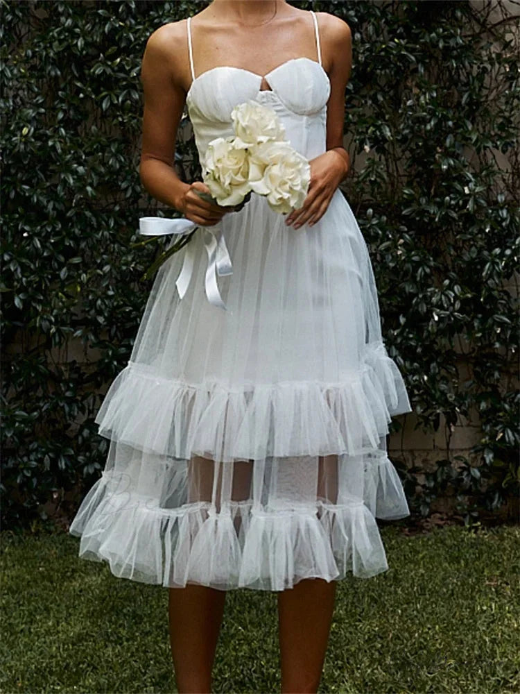 Women Summer Solid Color Sleeveless Strap Summer Layered Tulle Ruffles Backless Party Vestidos