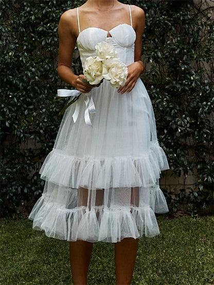 Women Summer Solid Color Sleeveless Strap Summer Layered Tulle Ruffles Backless Party Vestidos