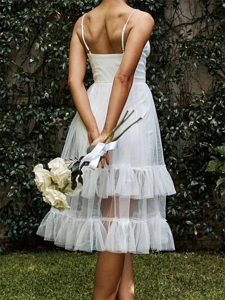 Women Summer Solid Color Sleeveless Strap Summer Layered Tulle Ruffles Backless Party Vestidos