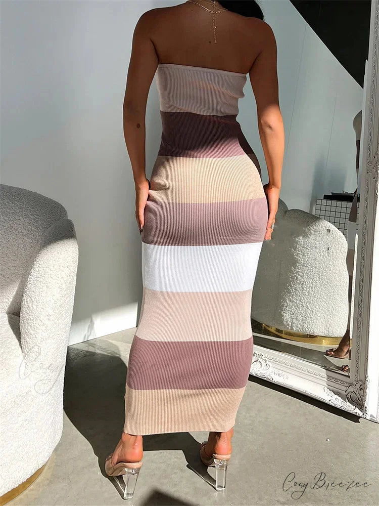 Women Summer Strapless Knitted Ribbed Female Sexy Vestidos Sleeveless Off Shoulder Striped Outfits