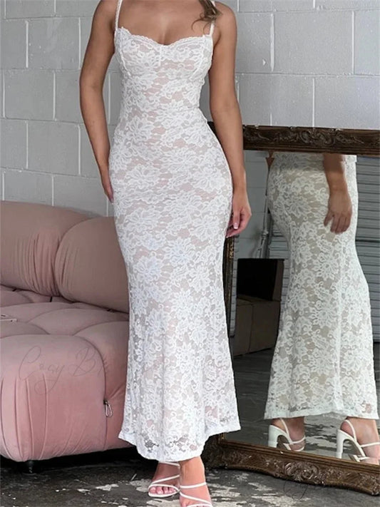 Women Summer V-neck Evening Lace Floral Slim Fit Sleeveless Spaghetti Strap Party Female Vestidos WHITE / S