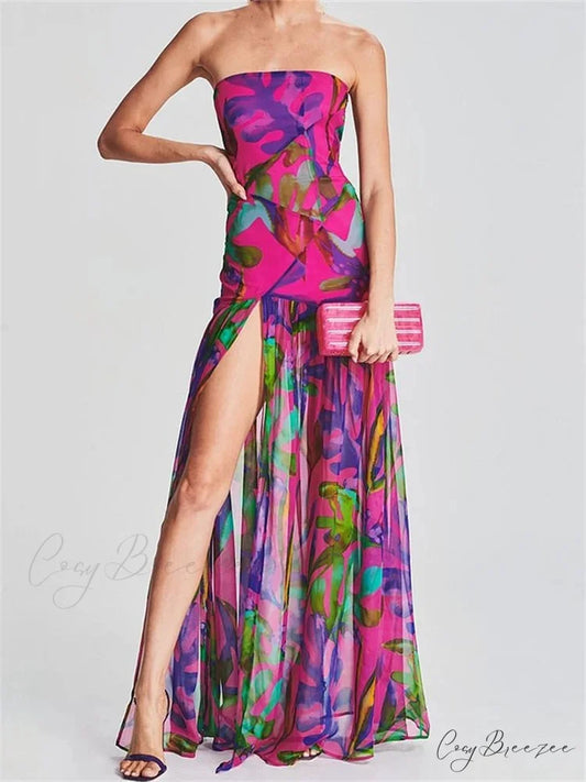 Women Tube Slim Strapless Off Shoulder Mesh Patchwork Leopard Floral Print Split Party Club Vestidos Print / S