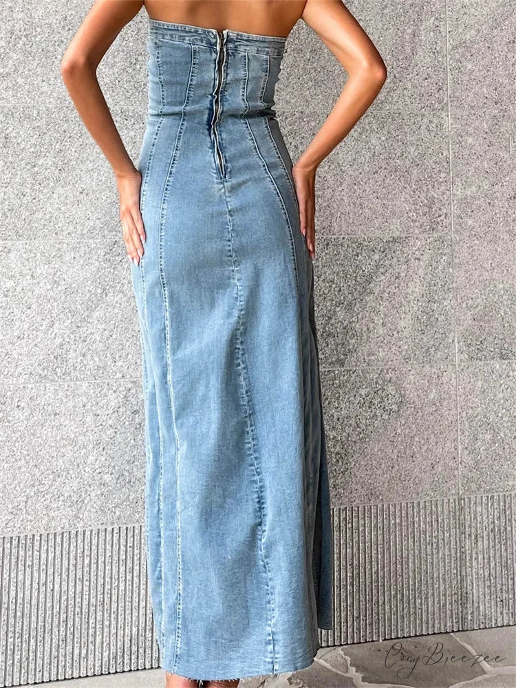 Women Tube Strapless Backless Denim Back Zip Up Summer Side Split Club Party Female Vestidos