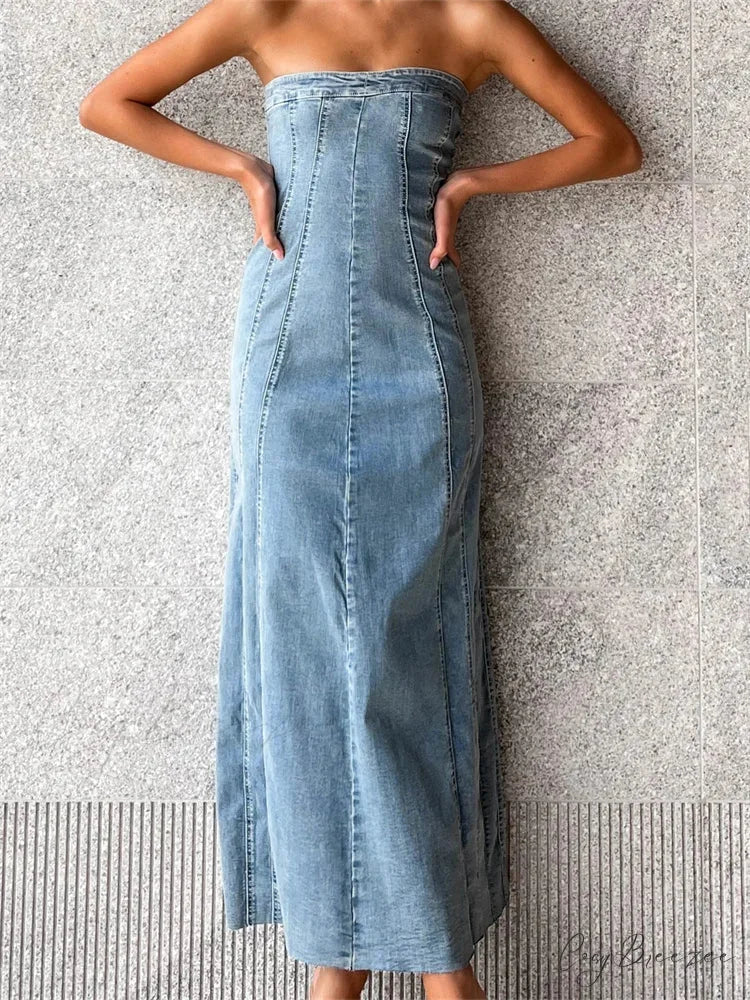Women Tube Strapless Backless Denim Back Zip Up Summer Side Split Club Party Female Vestidos