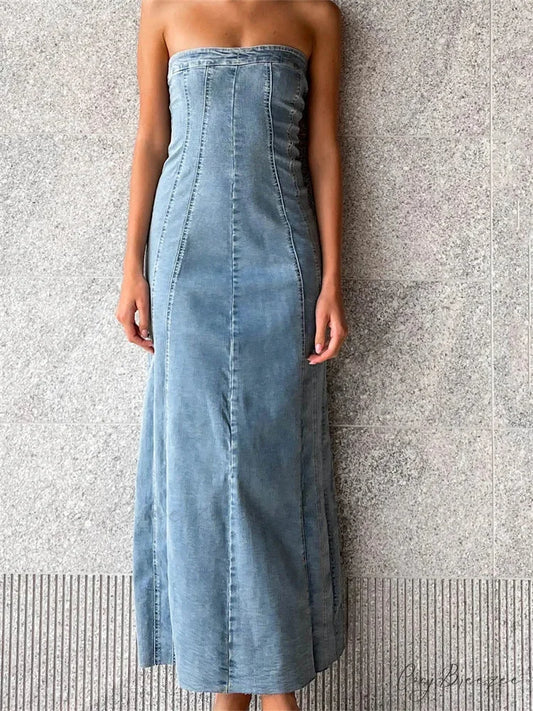 Women Tube Strapless Backless Denim Back Zip Up Summer Side Split Club Party Female Vestidos BLUE / S