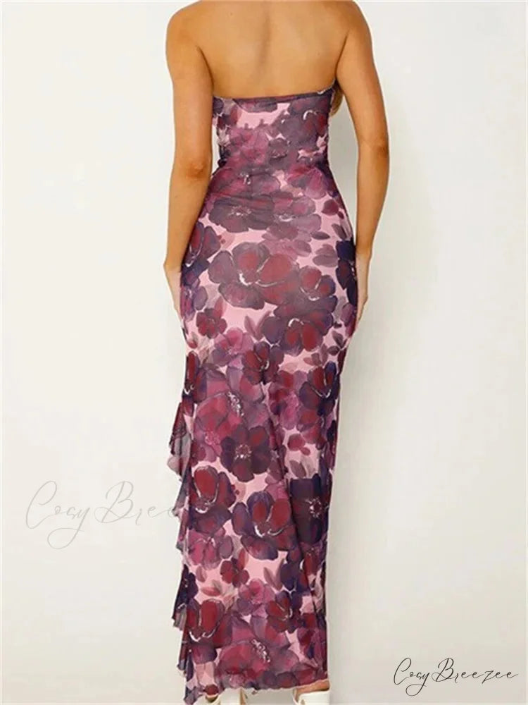 Women Tube Strapless Backless Flower Print High Split Summer Ruffles Cocktail Female Vestidos