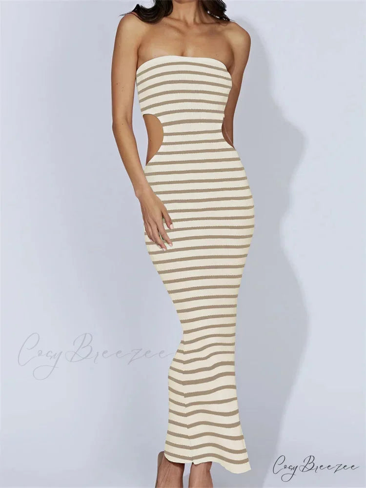 Women Tube Strapless Off Shoulder Cutout Solid Color/Striped Print Knitted Summer Beach Vestido BEIGE / S