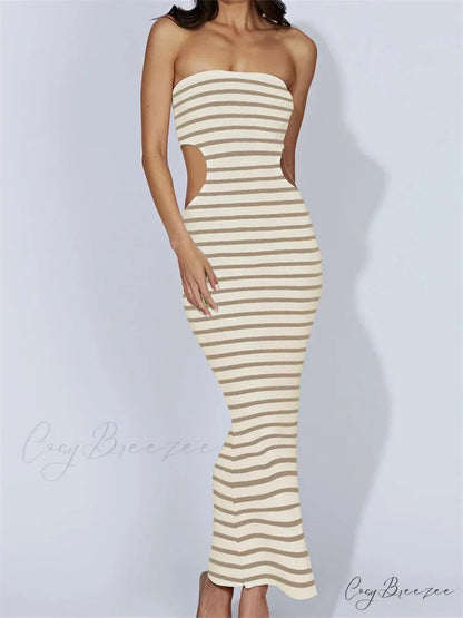 Women Tube Strapless Off Shoulder Cutout Solid Color/Striped Print Knitted Summer Beach Vestido BEIGE / S