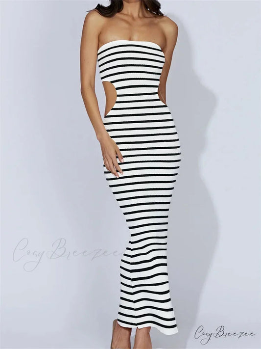 Women Tube Strapless Off Shoulder Cutout Solid Color/Striped Print Knitted Summer Beach Vestido BLACK / S