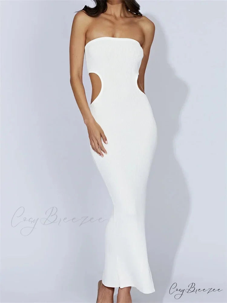 Women Tube Strapless Off Shoulder Cutout Solid Color/Striped Print Knitted Summer Beach Vestido WHITE / S