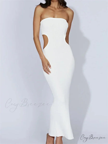 Women Tube Strapless Off Shoulder Cutout Solid Color/Striped Print Knitted Summer Beach Vestido WHITE / S