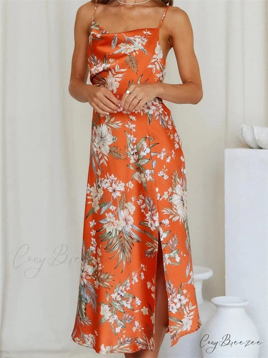 Women V-neck Floral Print Sleeveless Strap Side Split for Party Club Wedding Night Female Vestidos ORANGE / S