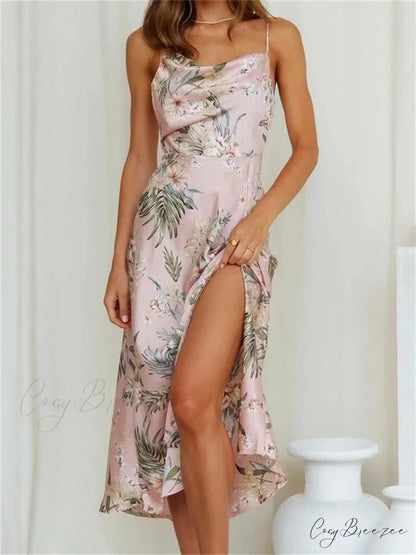 Women V-neck Floral Print Sleeveless Strap Side Split for Party Club Wedding Night Female Vestidos WHITE / S