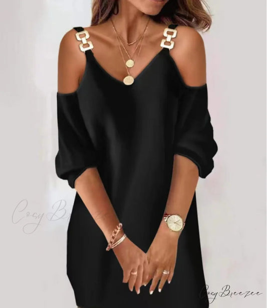 Women V-neck for Casual Gown with Mid-Sleeves Black / S