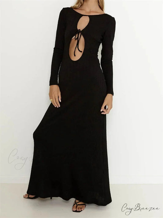 Women Vintage Elegant Sleeve Front Cutout Tie-up Solid Color Solid Color Party Autumn Vestidos
