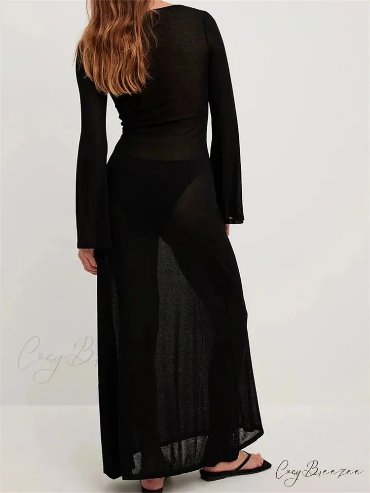 Women Vintage Sleeve V Neck See Through Slim Fit Solid Color Party Female Vestidos Streetwear