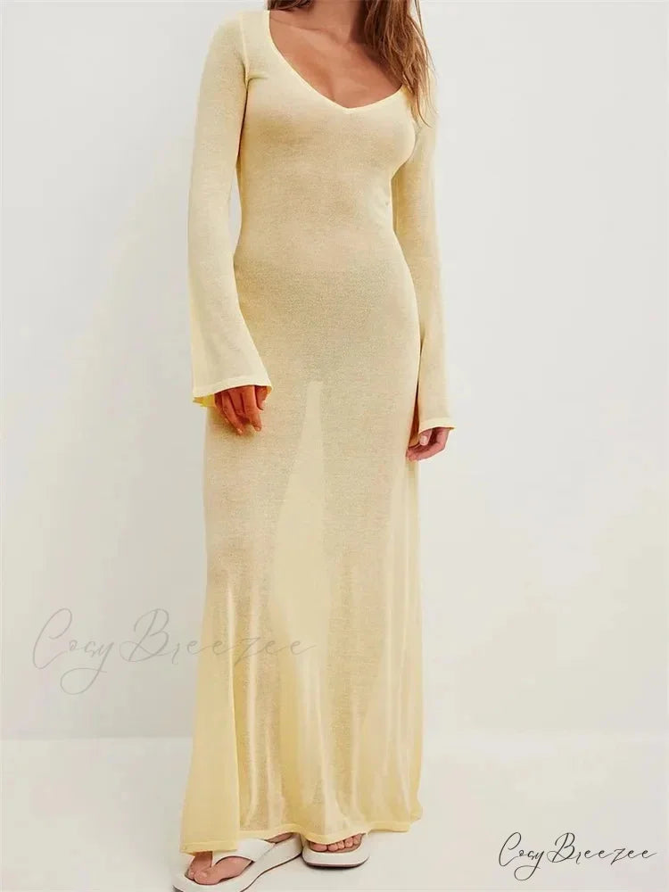 Women Vintage Sleeve V Neck See Through Slim Fit Solid Color Party Female Vestidos Streetwear