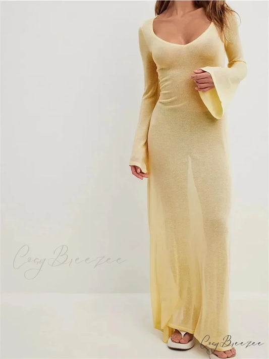 Women Vintage Sleeve V Neck See Through Slim Fit Solid Color Party Female Vestidos Streetwear BEIGE / S